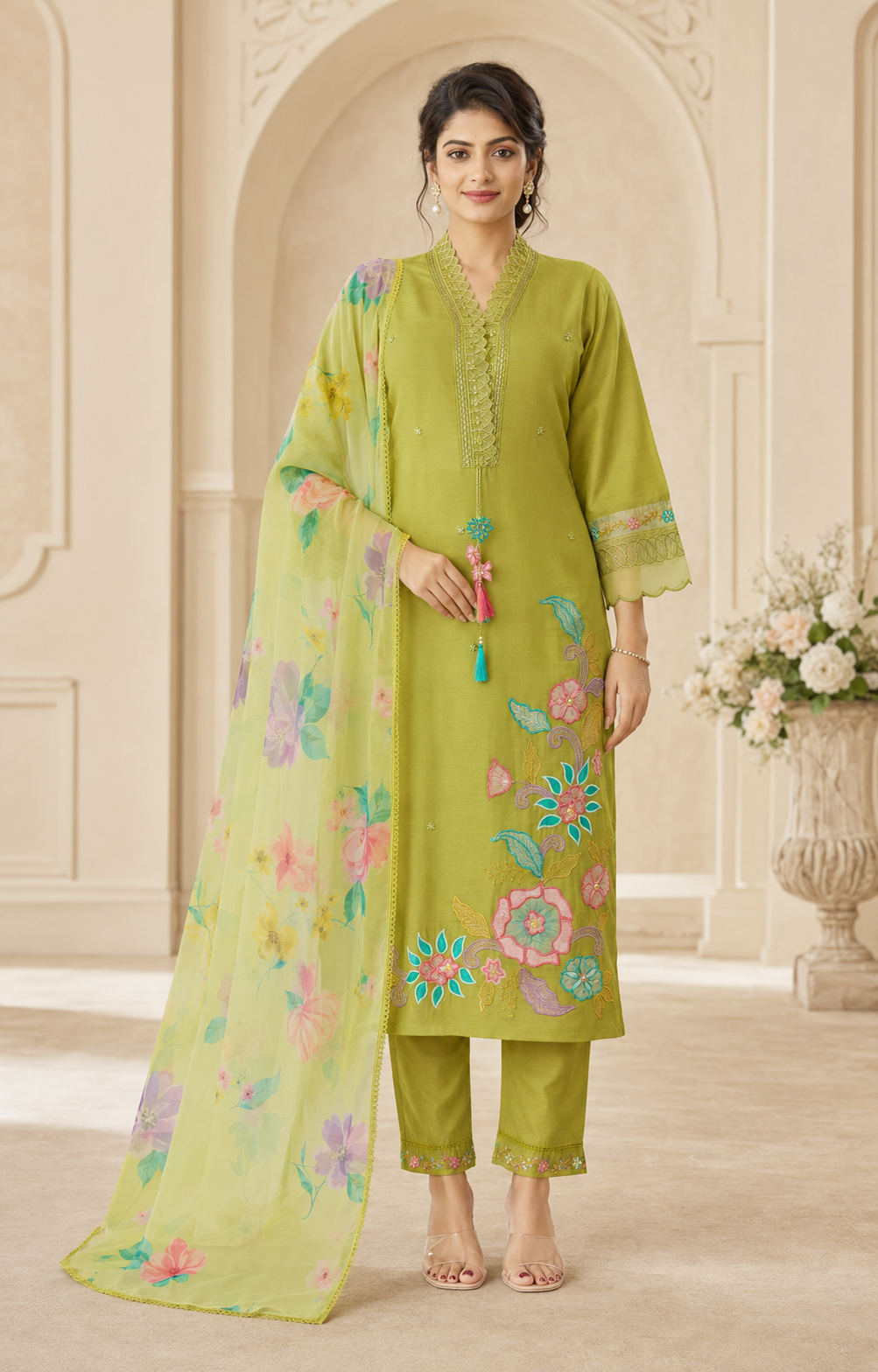 Roman Anarkali Kurti Set with Organza Embroidered Dupatta