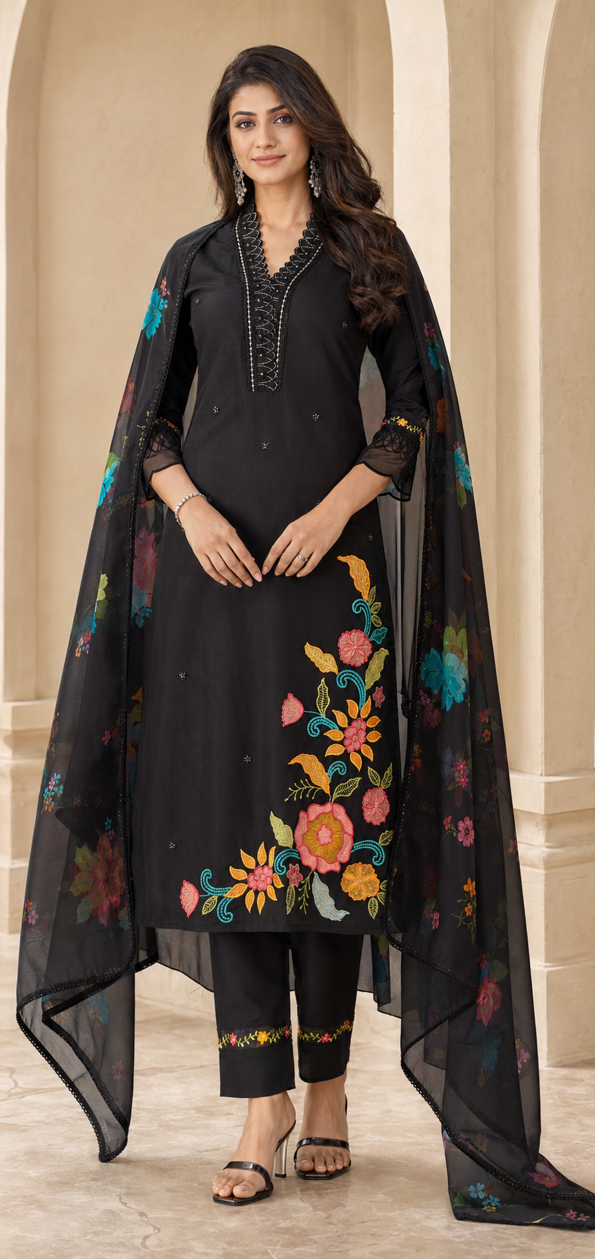 Roman Anarkali Kurti Set with Organza Embroidered Dupatta