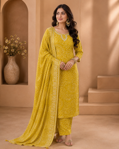 Bandhani Print Cotton Kurti Set | 3 PCS A-Line Embroidered Suit