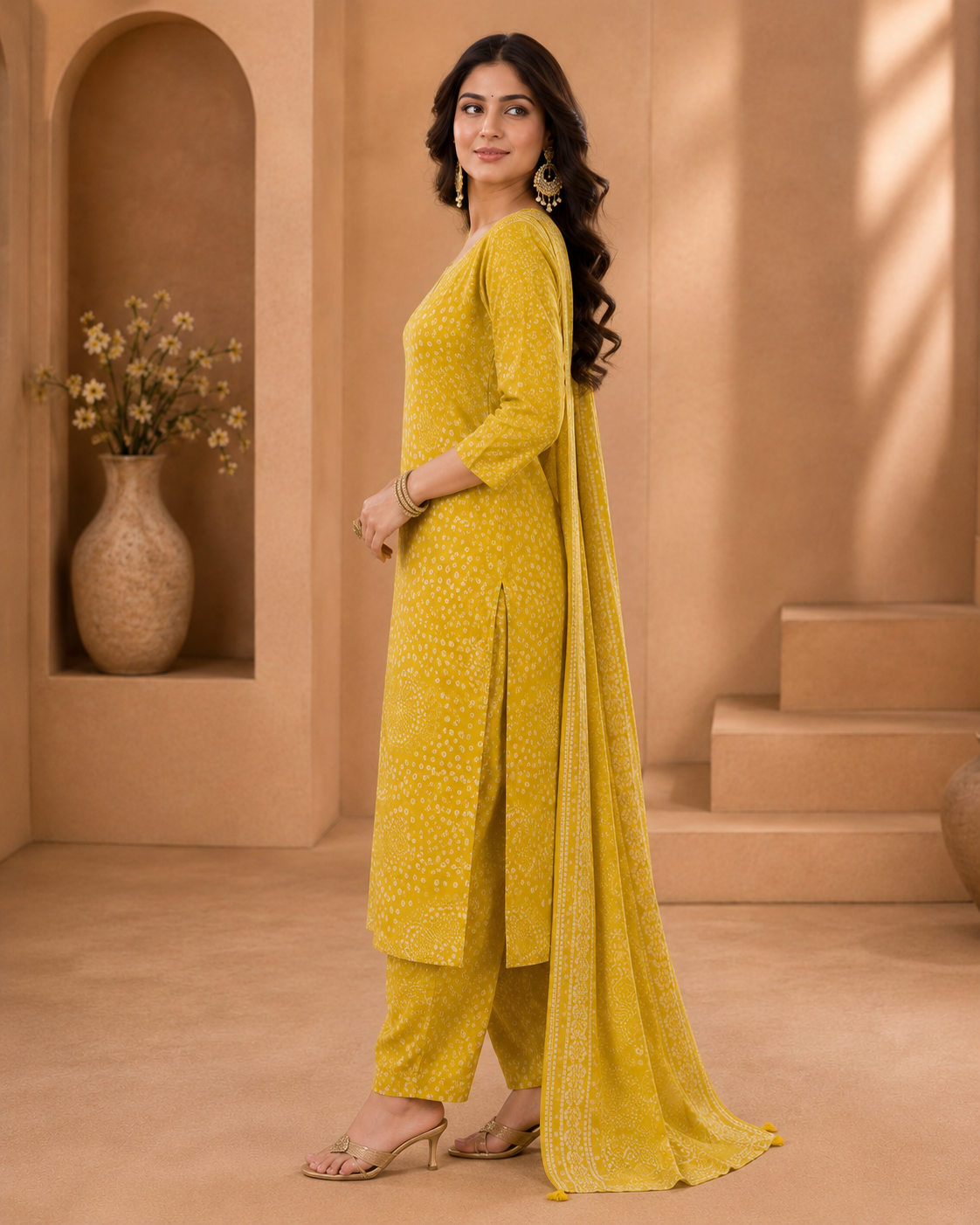 Bandhani Print Cotton Kurti Set | 3 PCS A-Line Embroidered Suit
