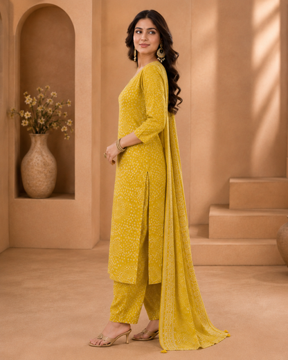 Bandhani Print Cotton Kurti Set | 3 PCS A-Line Embroidered Suit