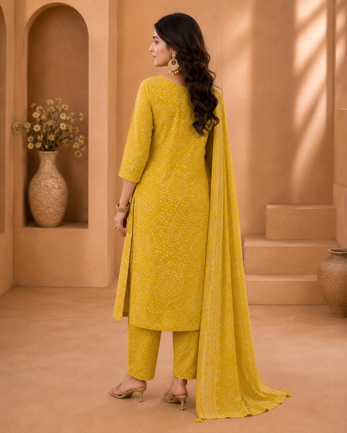 Bandhani Print Cotton Kurti Set | 3 PCS A-Line Embroidered Suit