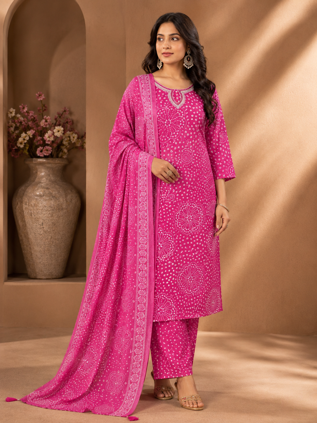 Bandhani Print Cotton Kurti Set | 3 PCS A-Line Embroidered Suit