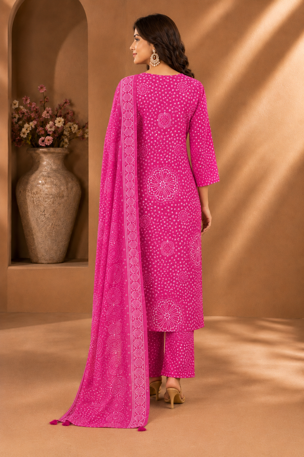 Bandhani Print Cotton Kurti Set | 3 PCS A-Line Embroidered Suit