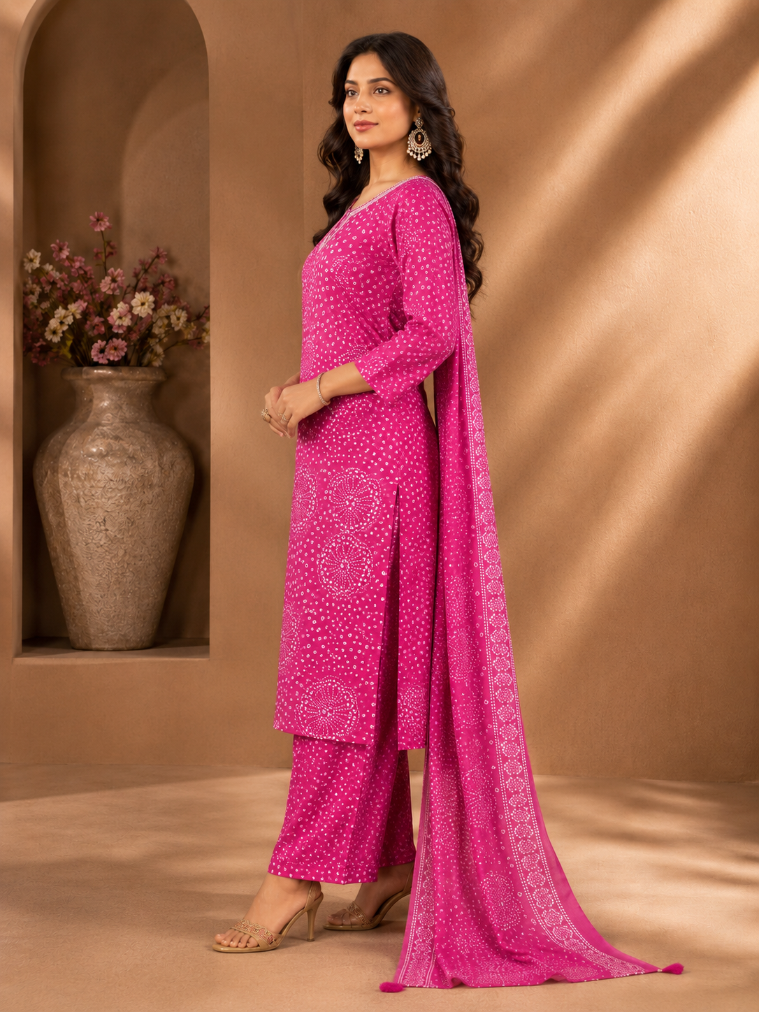 Bandhani Print Cotton Kurti Set | 3 PCS A-Line Embroidered Suit