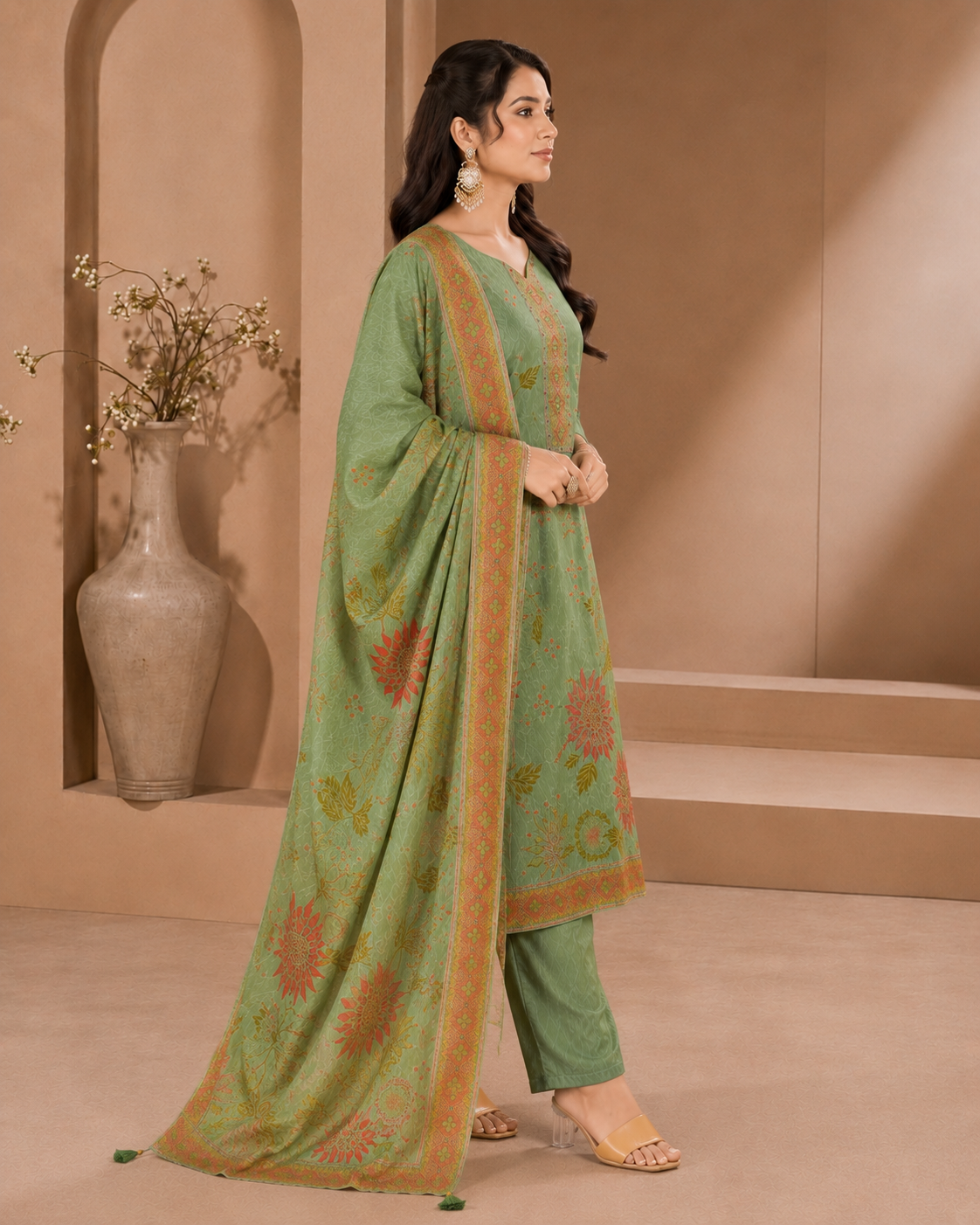Dola Silk Kardana Hand-Work 3-Piece Kurti Set with Digital Floral Print Dupatta