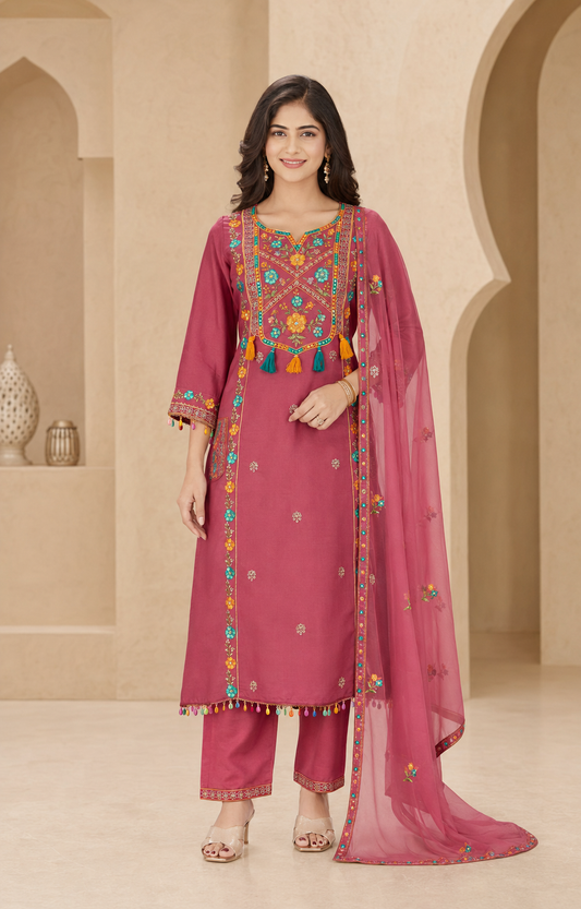 Roman Silk Anarkali Kurti Set with Floral Embroidery & Organza Dupatta