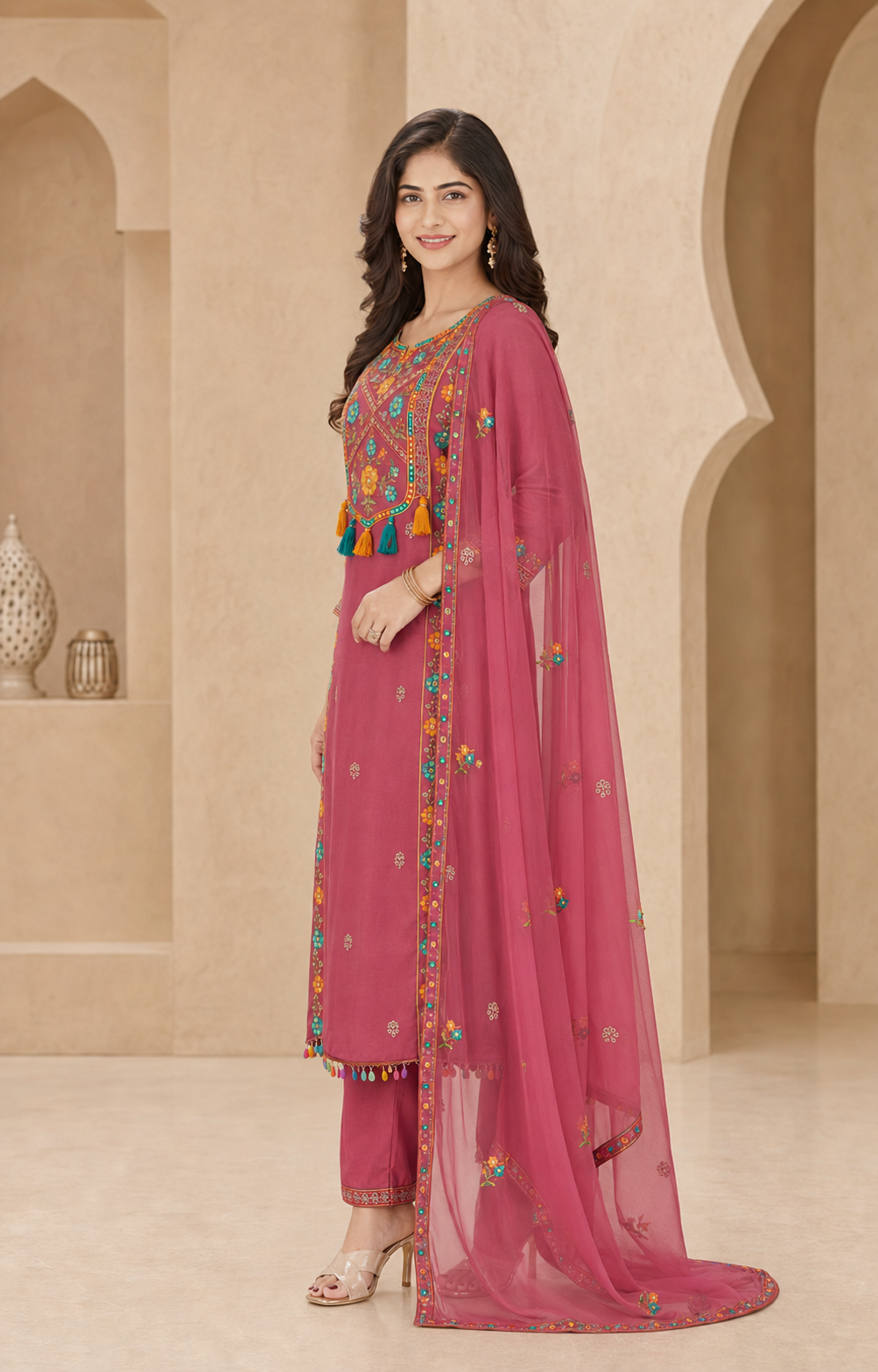 Roman Silk Anarkali Kurti Set with Floral Embroidery & Organza Dupatta