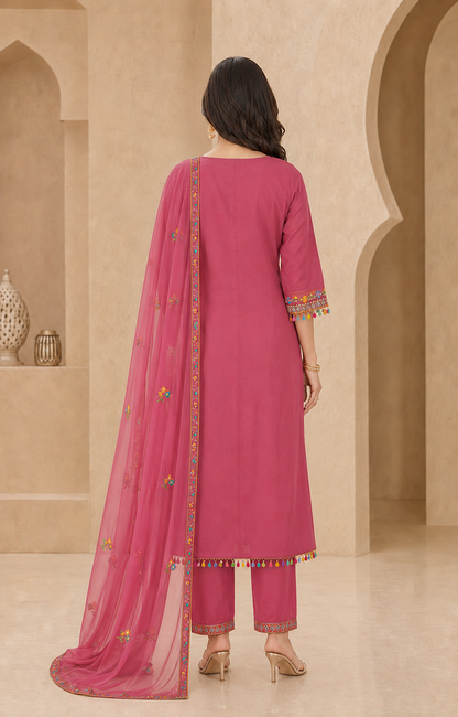 Roman Silk Anarkali Kurti Set with Floral Embroidery & Organza Dupatta