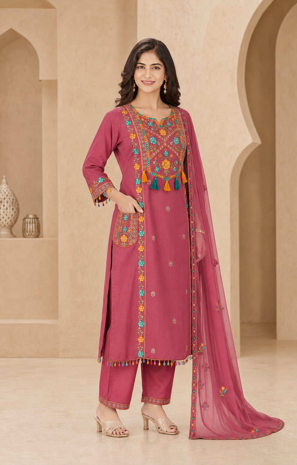 Roman Silk Anarkali Kurti Set with Floral Embroidery & Organza Dupatta