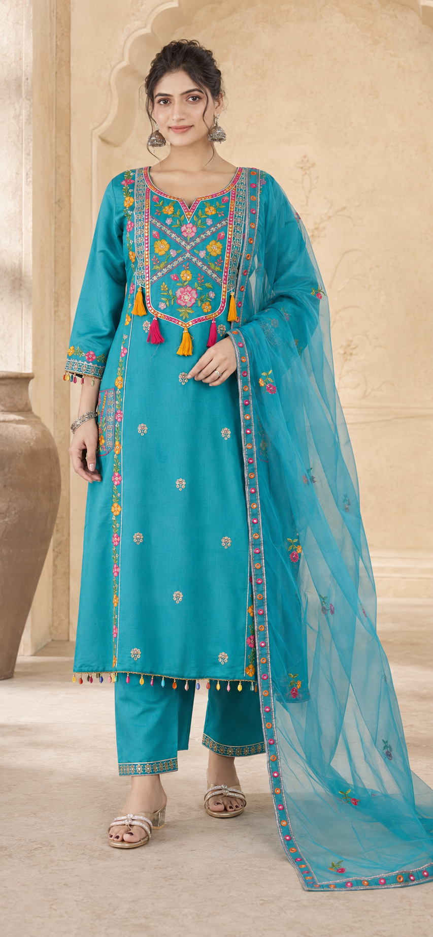 Roman Silk Anarkali Kurti Set with Floral Embroidery & Organza Dupatta