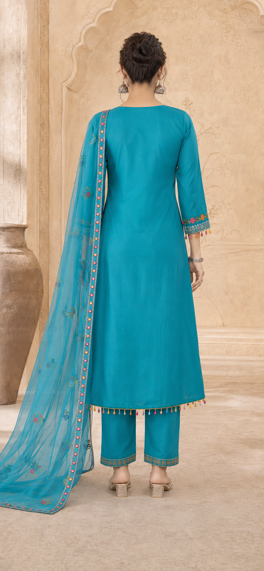 Roman Silk Anarkali Kurti Set with Floral Embroidery & Organza Dupatta