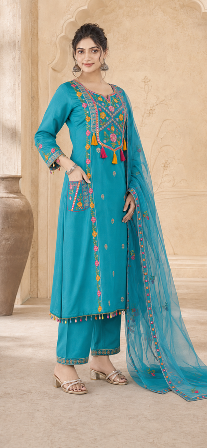 Roman Silk Anarkali Kurti Set with Floral Embroidery & Organza Dupatta