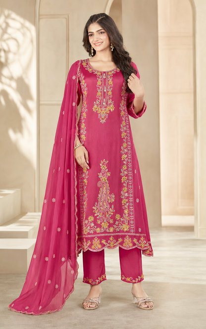 Chinon Kurti Set with Mirror Hand Work Embroidery & Dupatta