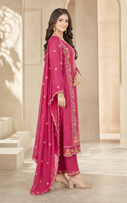 Chinon Kurti Set with Mirror Hand Work Embroidery & Dupatta