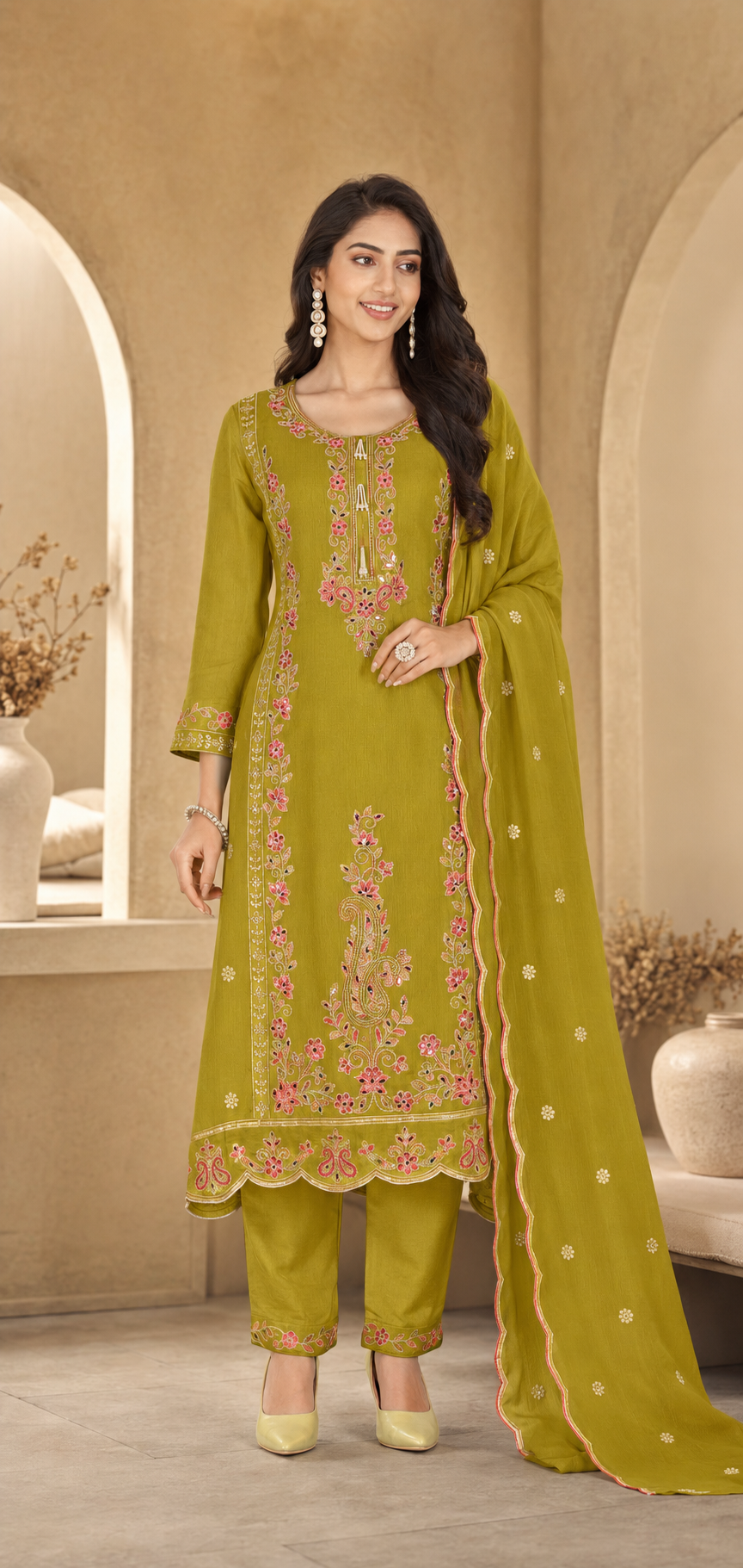 Chinon Kurti Set with Mirror Hand Work Embroidery & Dupatta