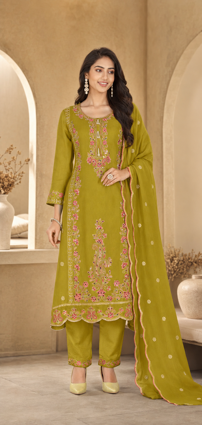 Chinon Kurti Set with Mirror Hand Work Embroidery & Dupatta