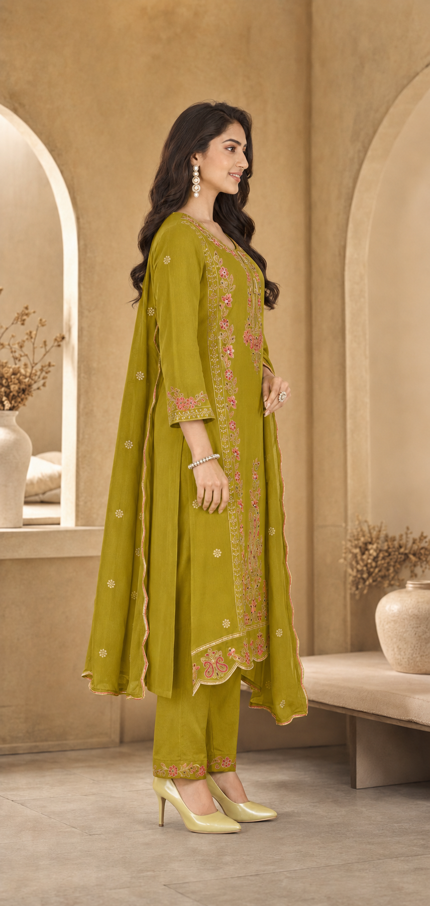 Chinon Kurti Set with Mirror Hand Work Embroidery & Dupatta