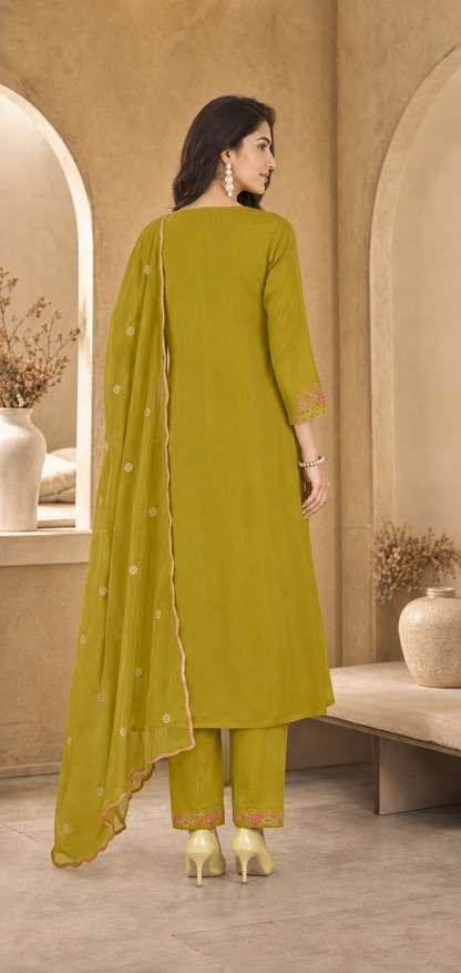 Chinon Kurti Set with Mirror Hand Work Embroidery & Dupatta