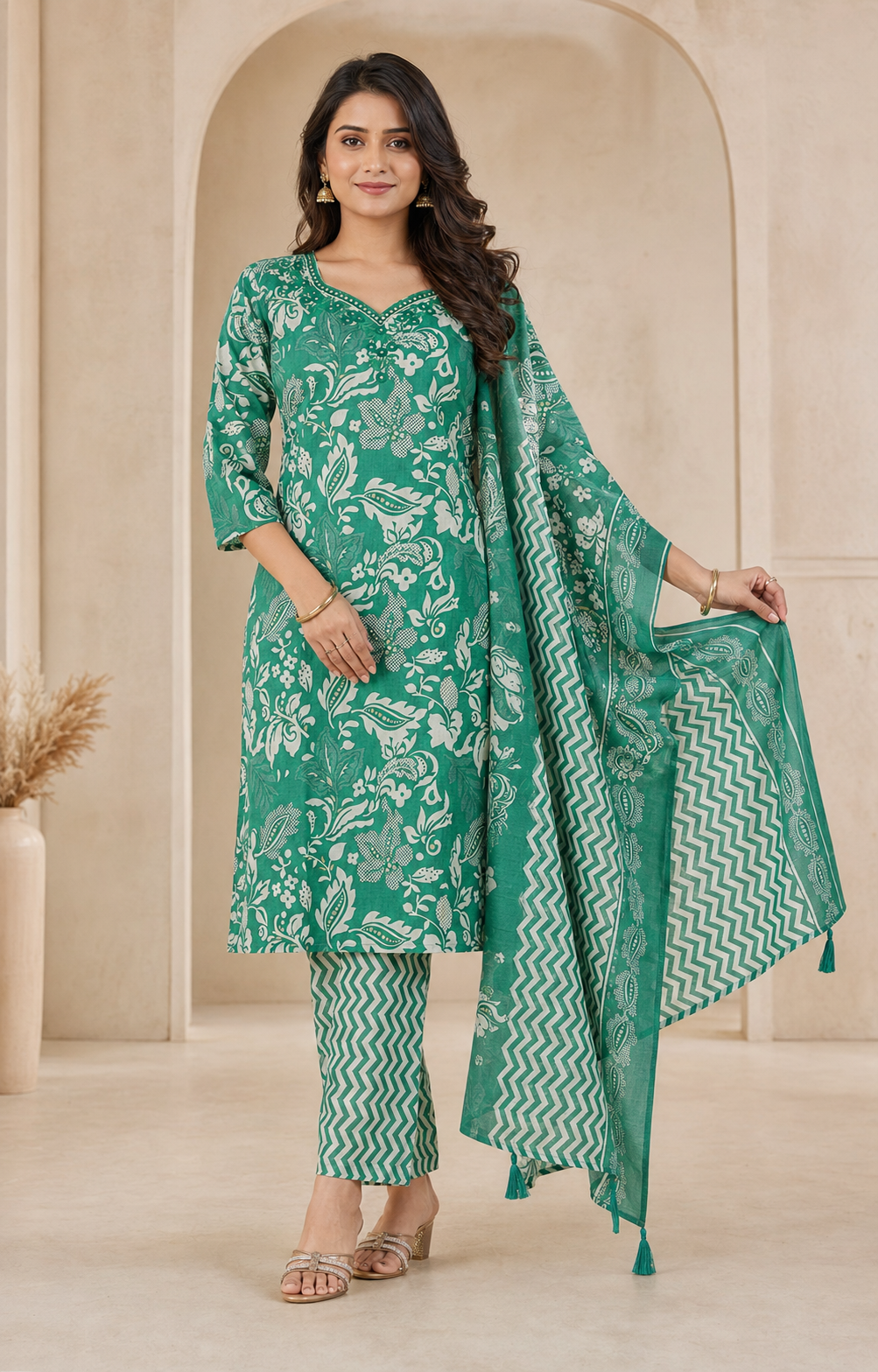 Cotton Embroidered A-Line Kurti Set with Pant & Dupatta