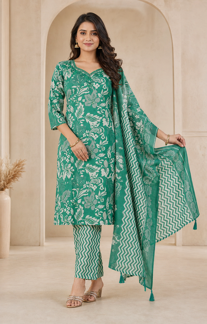 Cotton Embroidered A-Line Kurti Set with Pant & Dupatta