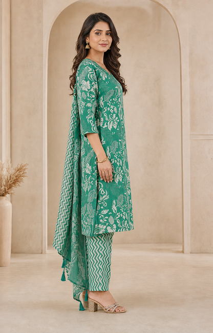 Cotton Embroidered A-Line Kurti Set with Pant & Dupatta