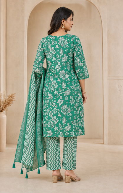 Cotton Embroidered A-Line Kurti Set with Pant & Dupatta