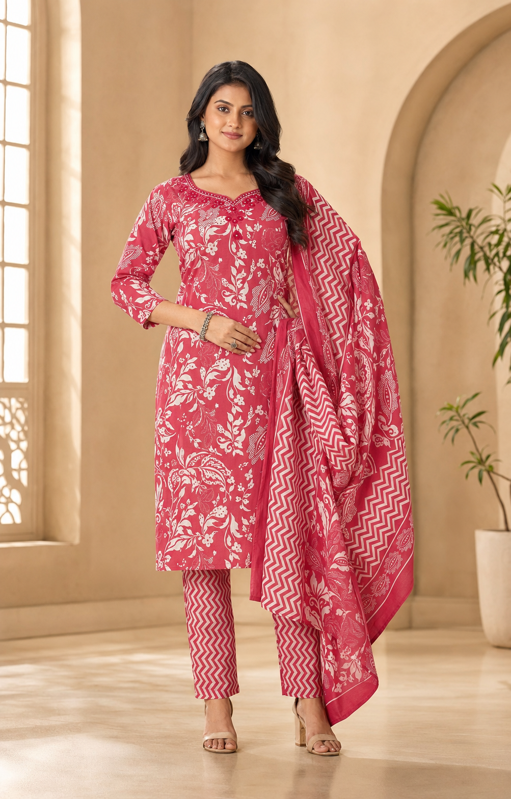 Cotton Embroidered A-Line Kurti Set with Pant & Dupatta