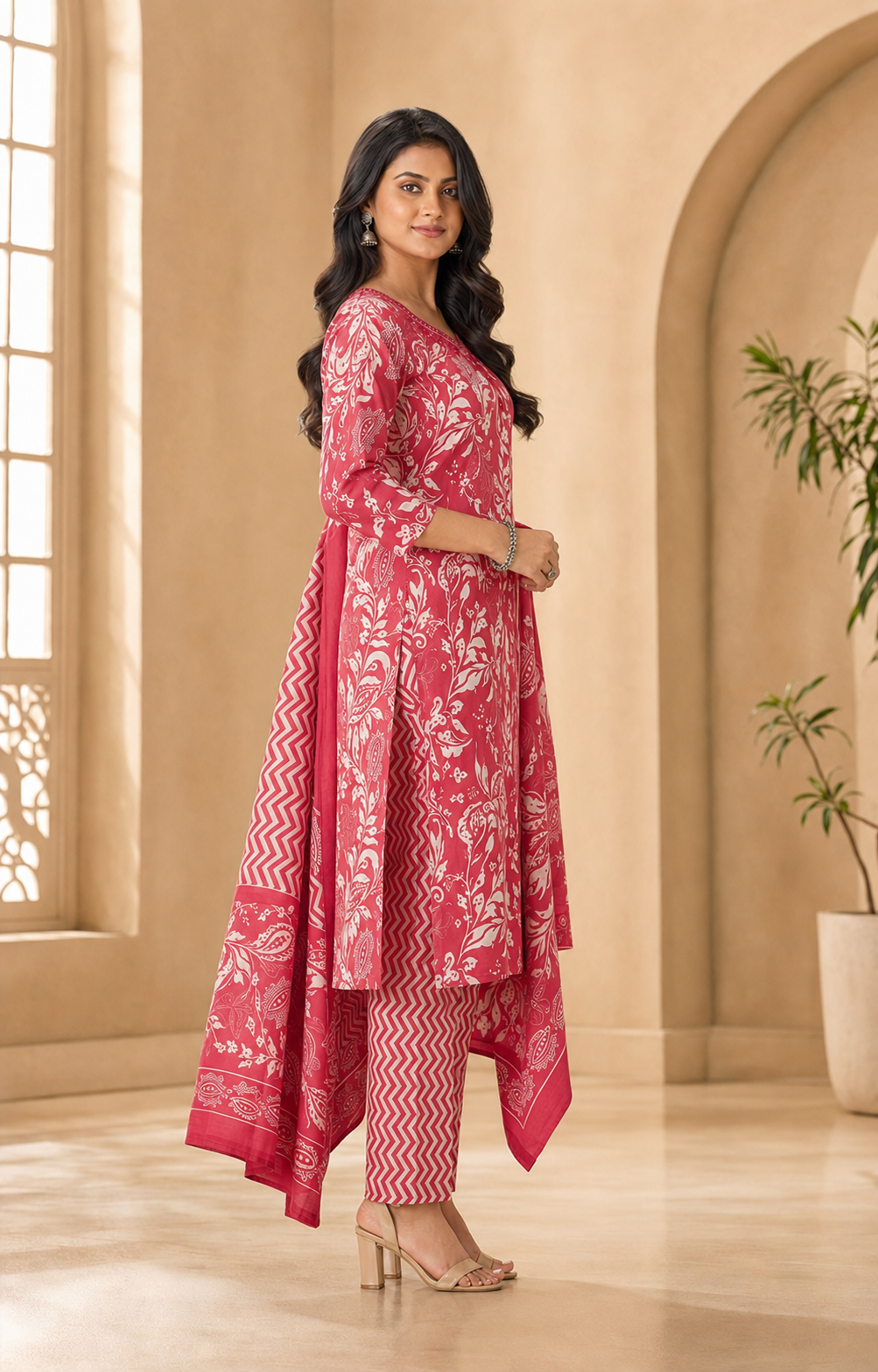Cotton Embroidered A-Line Kurti Set with Pant & Dupatta