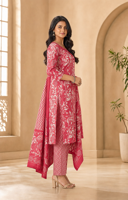 Cotton Embroidered A-Line Kurti Set with Pant & Dupatta