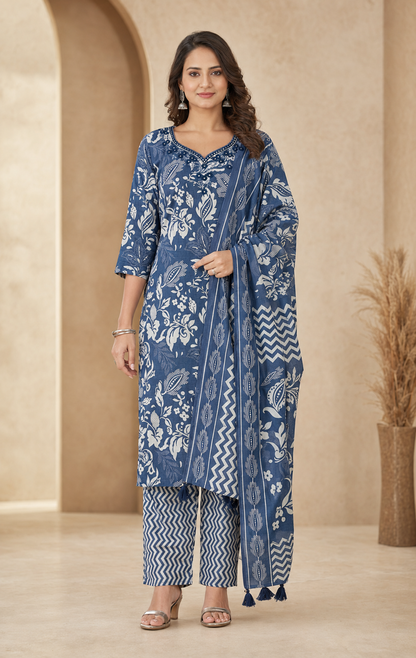 Cotton Embroidered A-Line Kurti Set with Pant & Dupatta