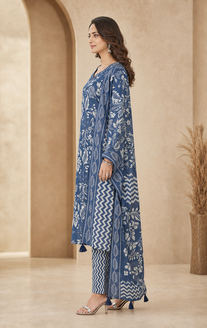 Cotton Embroidered A-Line Kurti Set with Pant & Dupatta