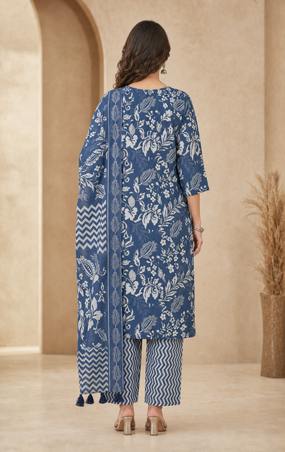 Cotton Embroidered A-Line Kurti Set with Pant & Dupatta
