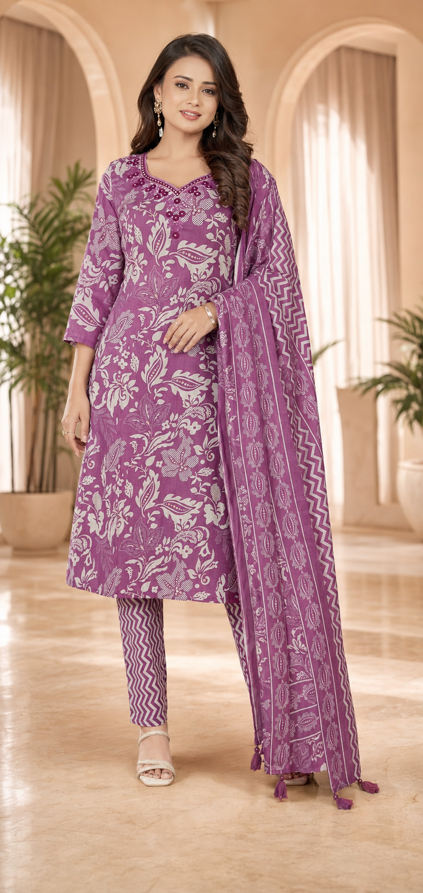 Cotton Embroidered A-Line Kurti Set with Pant & Dupatta