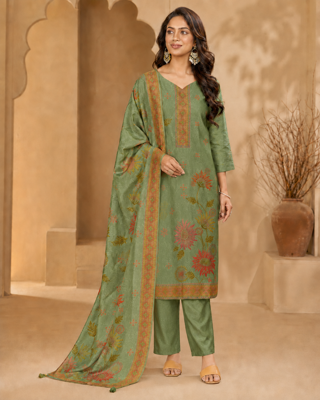 Dola Silk Kardana Hand-Work 3-Piece Kurti Set with Digital Floral Print Dupatta