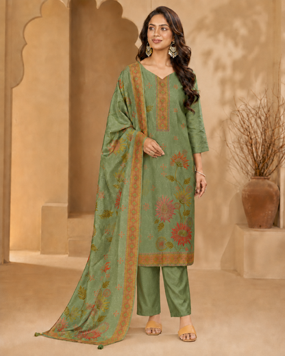 Dola Silk Kardana Hand-Work 3-Piece Kurti Set with Digital Floral Print Dupatta