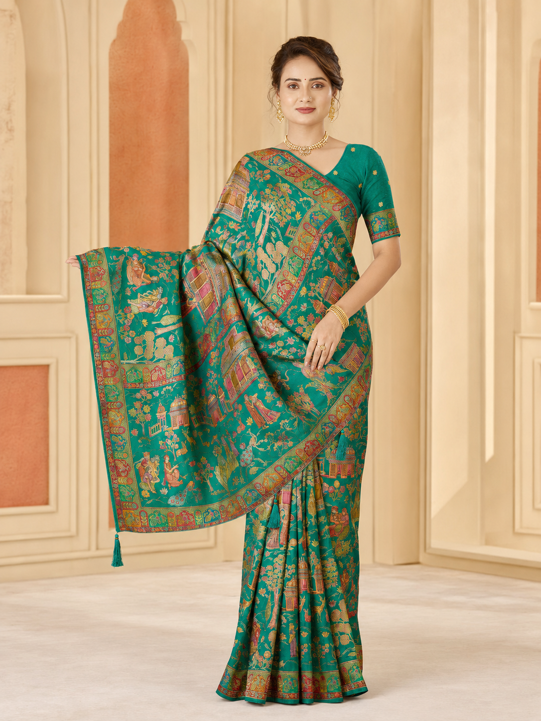 Pure Viscose Zari Work Digital Print Saree with Blouse Piece