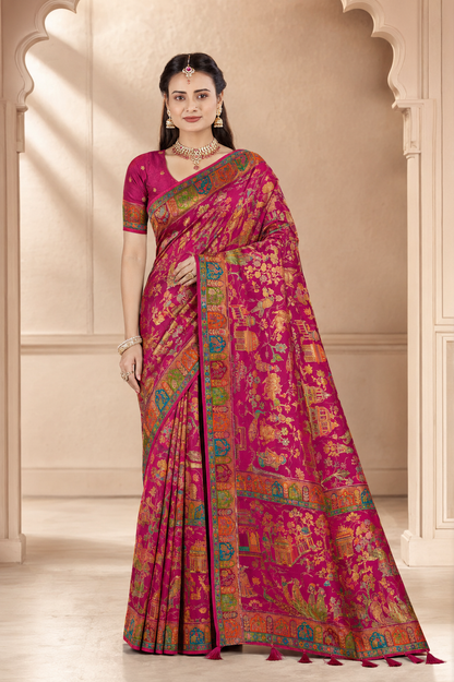 Pure Viscose Zari Work Digital Print Saree with Blouse Piece
