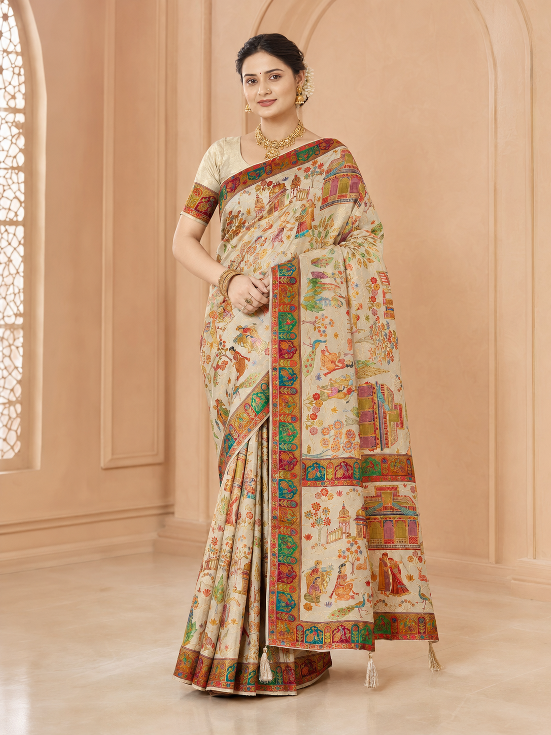 Pure Viscose Zari Work Digital Print Saree with Blouse Piece