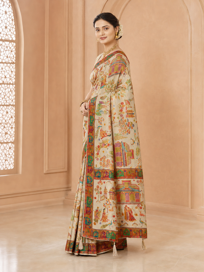 Pure Viscose Zari Work Digital Print Saree with Blouse Piece