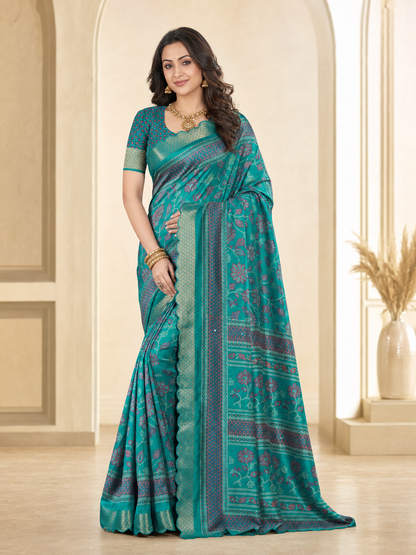 Dola Silk Floral Mirror Work Saree with Blouse Piece