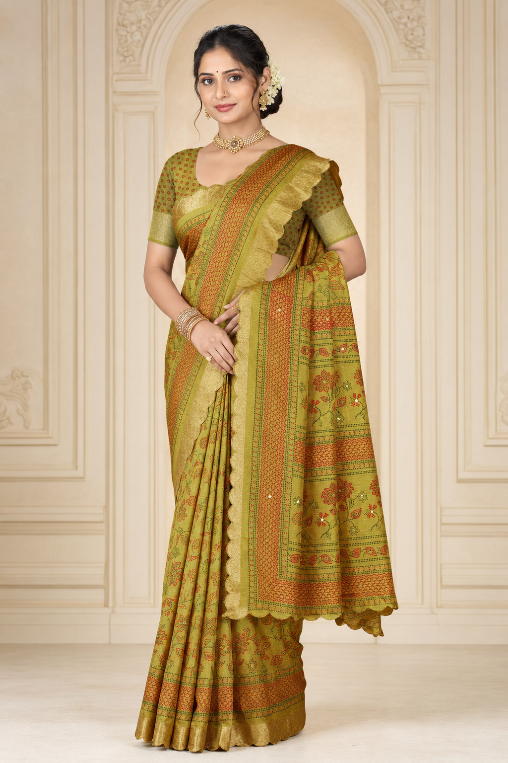 Dola Silk Floral Mirror Work Saree with Blouse Piece