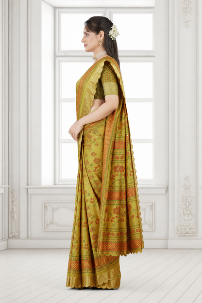 Dola Silk Floral Mirror Work Saree with Blouse Piece