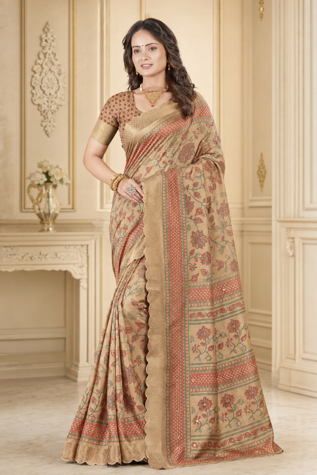 Dola Silk Floral Mirror Work Saree with Blouse Piece