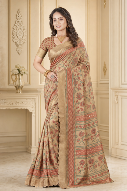 Dola Silk Floral Mirror Work Saree with Blouse Piece