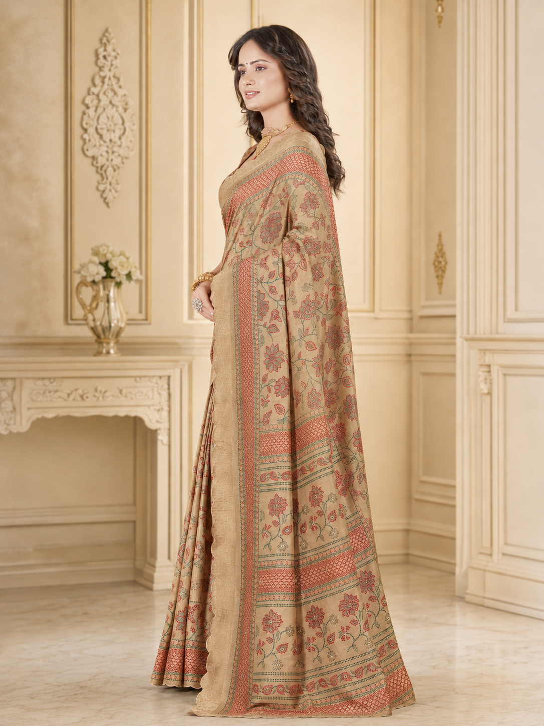 Dola Silk Floral Mirror Work Saree with Blouse Piece