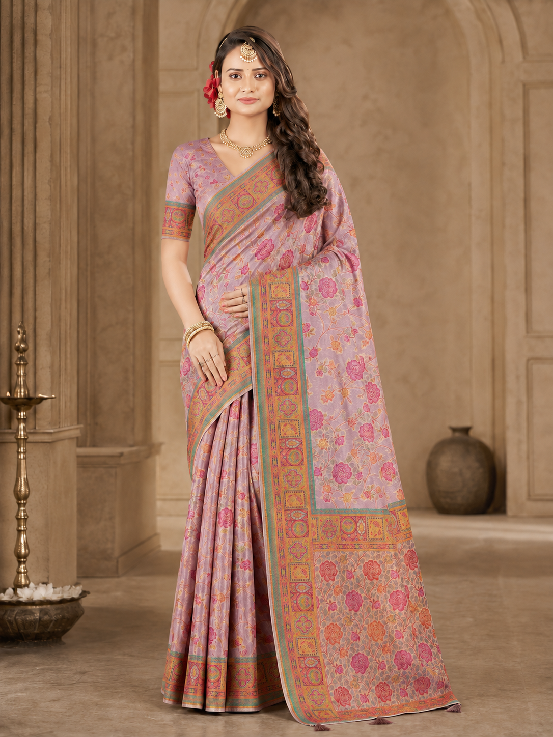 Pure Viscose Floral Zari Work Saree with Blouse Piece