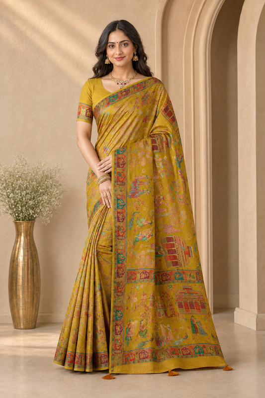 Pure Viscose Zari Work Digital Print Saree with Blouse Piece