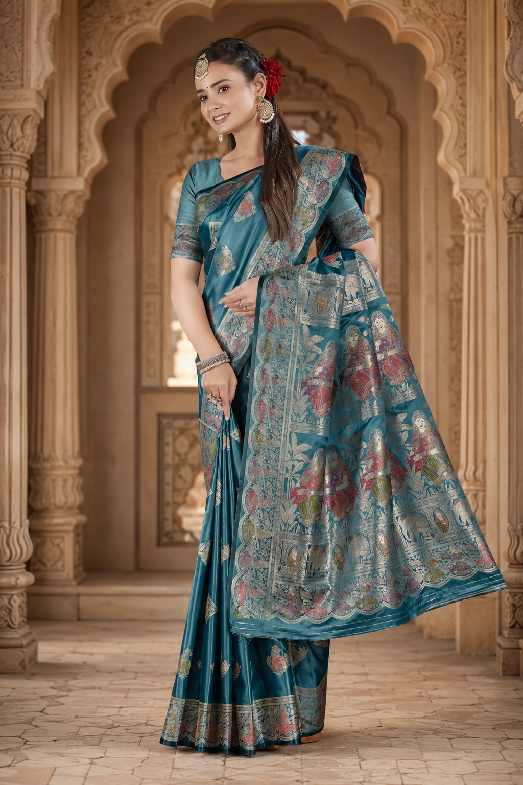 Pure Satin Silk Saree with Meena Zari Weave & Geometric Pallu Blouse Piece