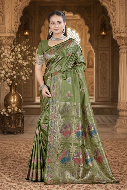 Pure Satin Silk Saree with Meena Zari Weave & Geometric Pallu Blouse Piece